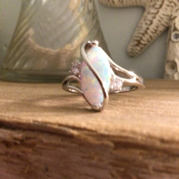 White Gold Plated Brass Created Fire Opal with cubic zirconia sz 6 - Picture 7 of 8